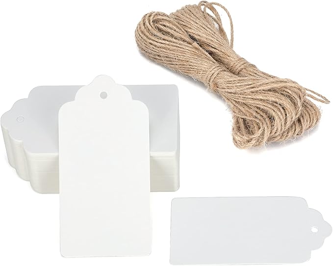 G2PLUS White Gift Tags with String, 2'' x 4'' Paper Gift Tag, 100PCS Rectangle Blank Tags with Holes for Arts and Crafts, Wedding,Holiday,Christmas Gift Wrapping, Party Decor
