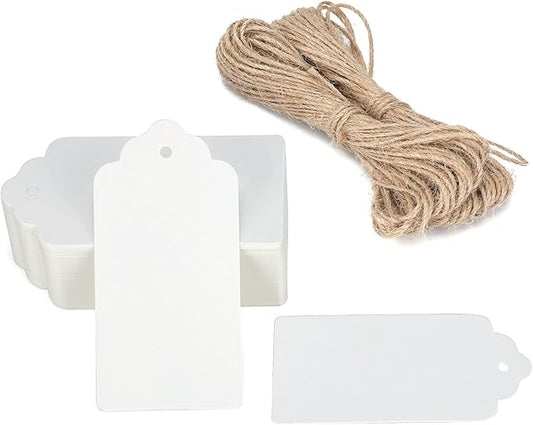 G2PLUS White Gift Tags with String, 2'' x 4'' Paper Gift Tag, 100PCS Rectangle Blank Tags with Holes for Arts and Crafts, Wedding,Holiday,Christmas Gift Wrapping, Party Decor