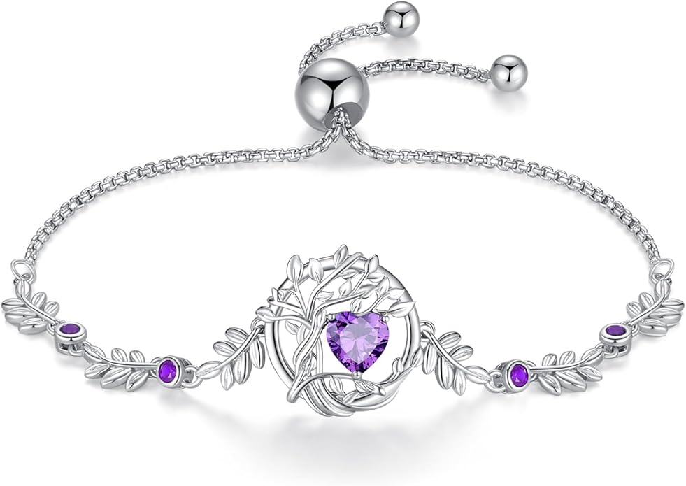 FANCIME Valentines Day Gift Tree of life Birthstone Bracelet for Women Sterling Silver Tree Jewelry Birthstone Charm Bracelet Gemstone Anniversary Birthday Gifts for Wife Mom Her