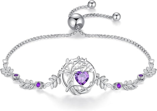 FANCIME Valentines Day Gift Tree of life Birthstone Bracelet for Women Sterling Silver Tree Jewelry Birthstone Charm Bracelet Gemstone Anniversary Birthday Gifts for Wife Mom Her