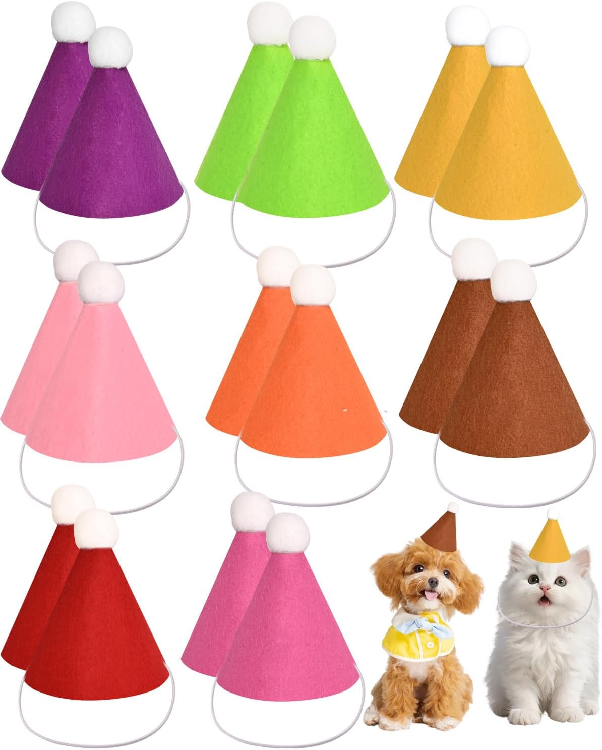 16Pcs Mini Birthday Party Hats for Stuffed Animals, Felt Small Party Hats, Reusable Party Animal Decorations,Cat Birthday Hat