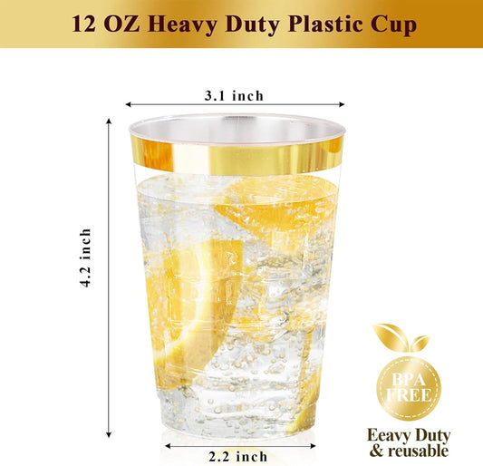 Nervure 120PCS Gold Rim Plastic Cups - 12oz Heavy Duty Plastic Cups - Fancy Clear Disposable Cup with Gold Rimmed for Wedding, Birthday, Party