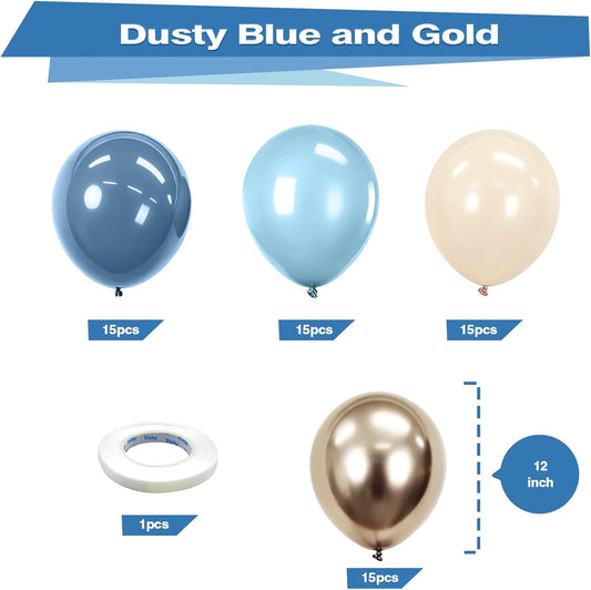 Bezente Dusty Blue Gold Balloons Kit, 60pcs 12 inch Dusty Baby Blue Sand White Champagne Gold Helium Latex Balloons for Baby Bridal Shower Gender Reveal Wedding Engagement Birthday Party Decorations