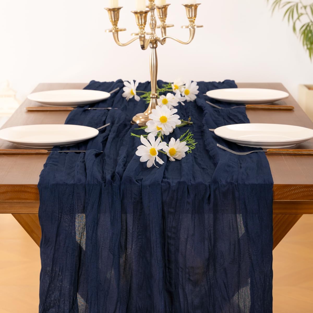 Socomi Navy Blue Fall Thanksgiving Cheesecloth Table Runner Boho Rustic Gauze 120 inch 10FT Cheese Cloth Runner for Wedding Party Baby Shower Birthday Home Decor Holiday Decorations