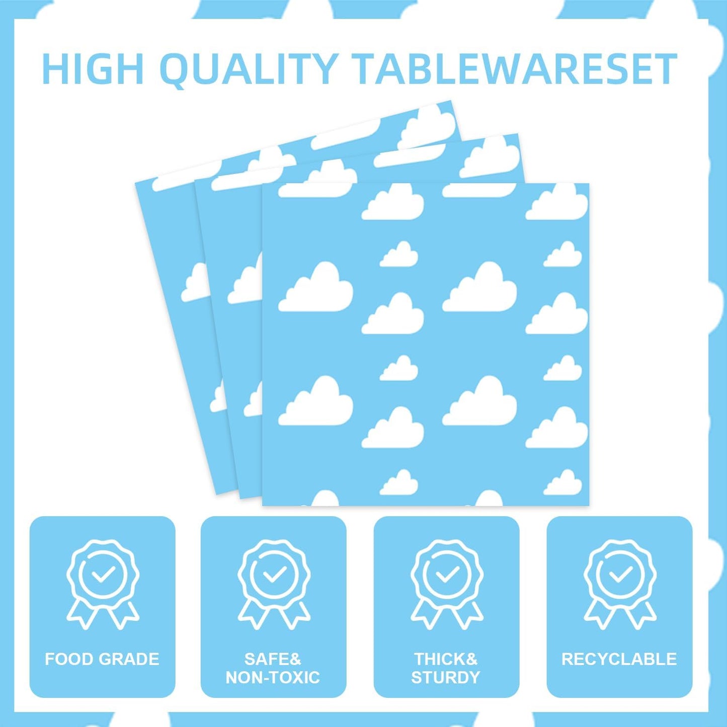 141pcs Blue Sky White Clouds Party Decorations,Cartoon Story Party Disposable Tableware Includes Dinner Paper Napkin Cup Knife Fork Straws Tablecloth Toy Inspired Story Supplies set