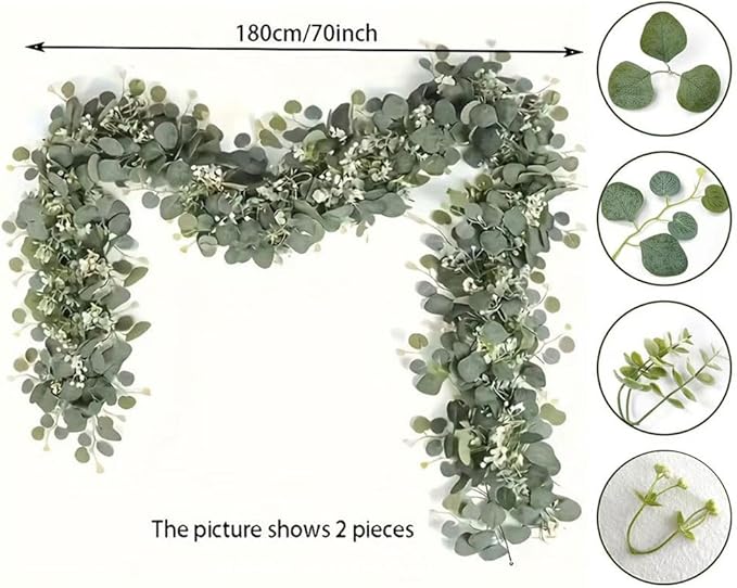 2 Pcs 5.9 Ft Artificial Eucalyptus Flowers Garland, Eucalyptus Leaves Decor for Home Decoration Artificial Vine for Mantle Office Party Wedding Arch Decor (2)