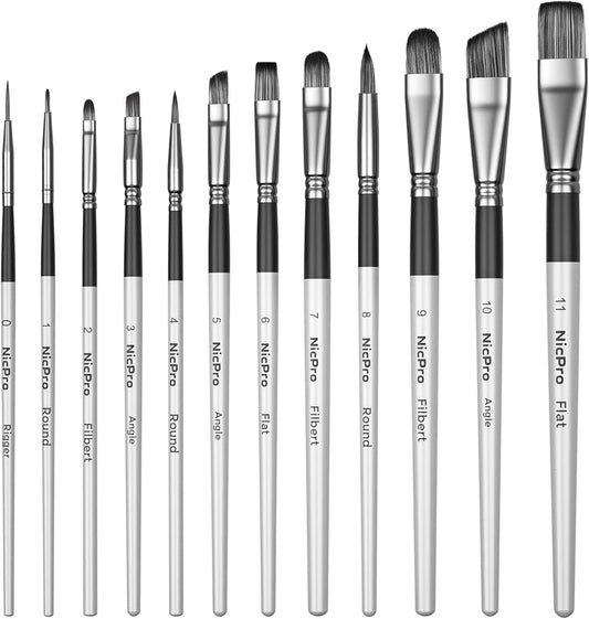 Nicpro 12PCS Artist Paint Brush Set, Craft Paint Brushes for Acrylic Painting, Oil, Watercolor, Gouache, Tempera, Face, Body, Fabric, Leather, Model, Art Supplies Paintbrushes for Artists Beginners