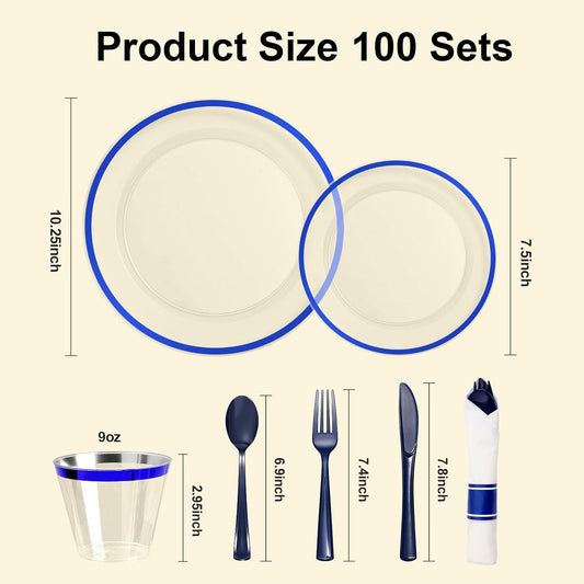 700PCS Clear Blue Disposable Plastic Dinnerware Set for 100 Guests, 200 Plastic Plates, 100 Cups, 100 Pre-Rolled Napkins with Cutlery for Party, Birthday, Christmas, Wedding, Thanksgiving, Halloween