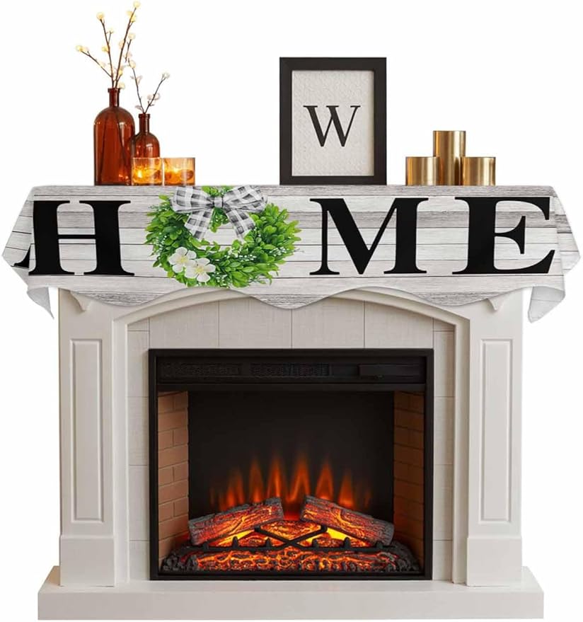 Rustic Fireplace Mantel Scarf Table Runner,Eucalyptus Leaves Green Wreath Wooden Plaid Home Winter Garland Mantel Top Tablerunners Dresser Scarves Cover for Windows Party Living Room 90"x17"