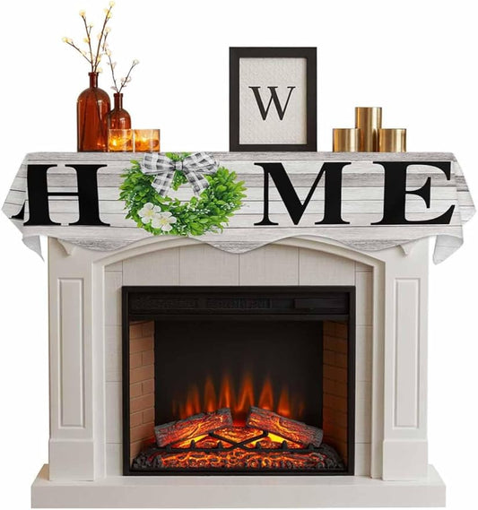 Rustic Fireplace Mantel Scarf Table Runner,Eucalyptus Leaves Green Wreath Wooden Plaid Home Winter Garland Mantel Top Tablerunners Dresser Scarves Cover for Windows Party Living Room 90"x17"