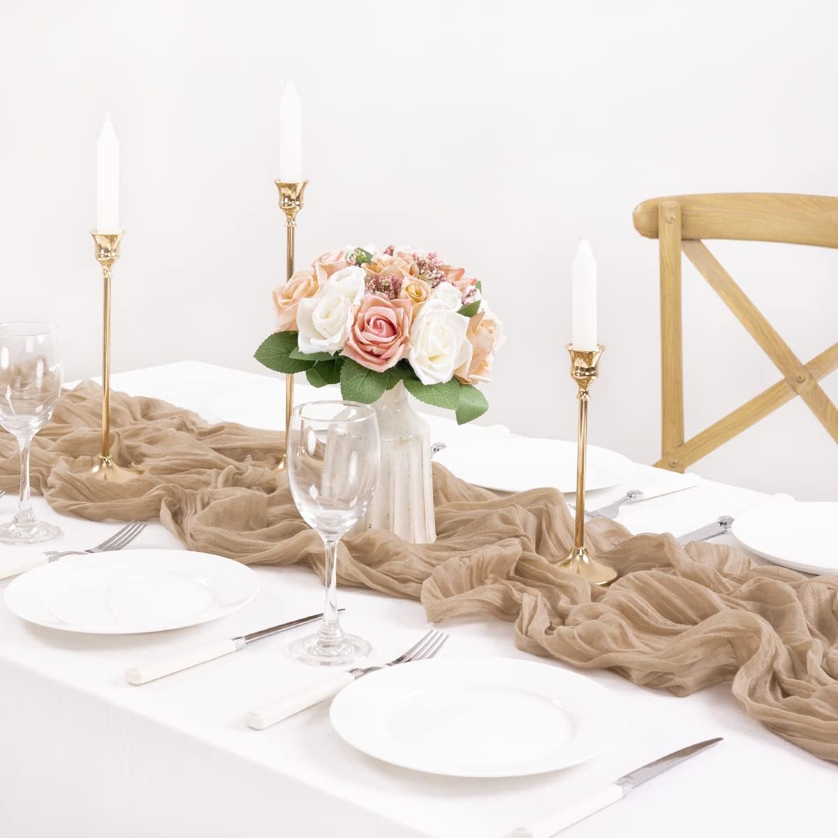MLMC 8 Pack Nude Cheesecloth Table Runner Boho Rustic Gauze Taupe Cheese Cloth Table Runner 10ft Neutral Home Fall Decor 35x120 Inches for Reception Wedding Bridal Shower Picnic Decor