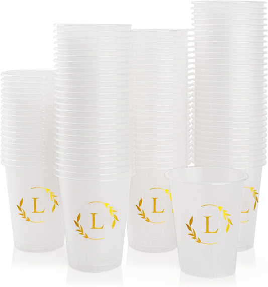 100 Monogrammed Cups Disposable Initial Plastic Cup 12 oz Wedding Personalized Cup for Wedding Reception Baby Shower Birthday Party(Letter L)