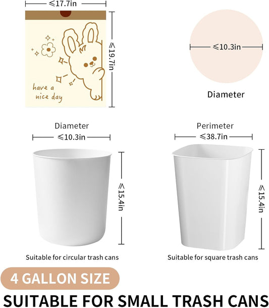 4 Gallon Trash Bags with Cute Rabbit Printed & Drawstring, Tear-Resistant Small Bathroom Garbage Bags, Heavy-Duty Trash Can Liners for Home/Office, 60 Counts