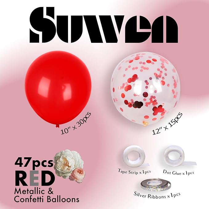 SUWEN Red Balloons and Confetti Balloons Set 47PCS Shiny Latex Helium Red Balloon for Birthday Valentine Mother's Day Anniversary Party Decorations