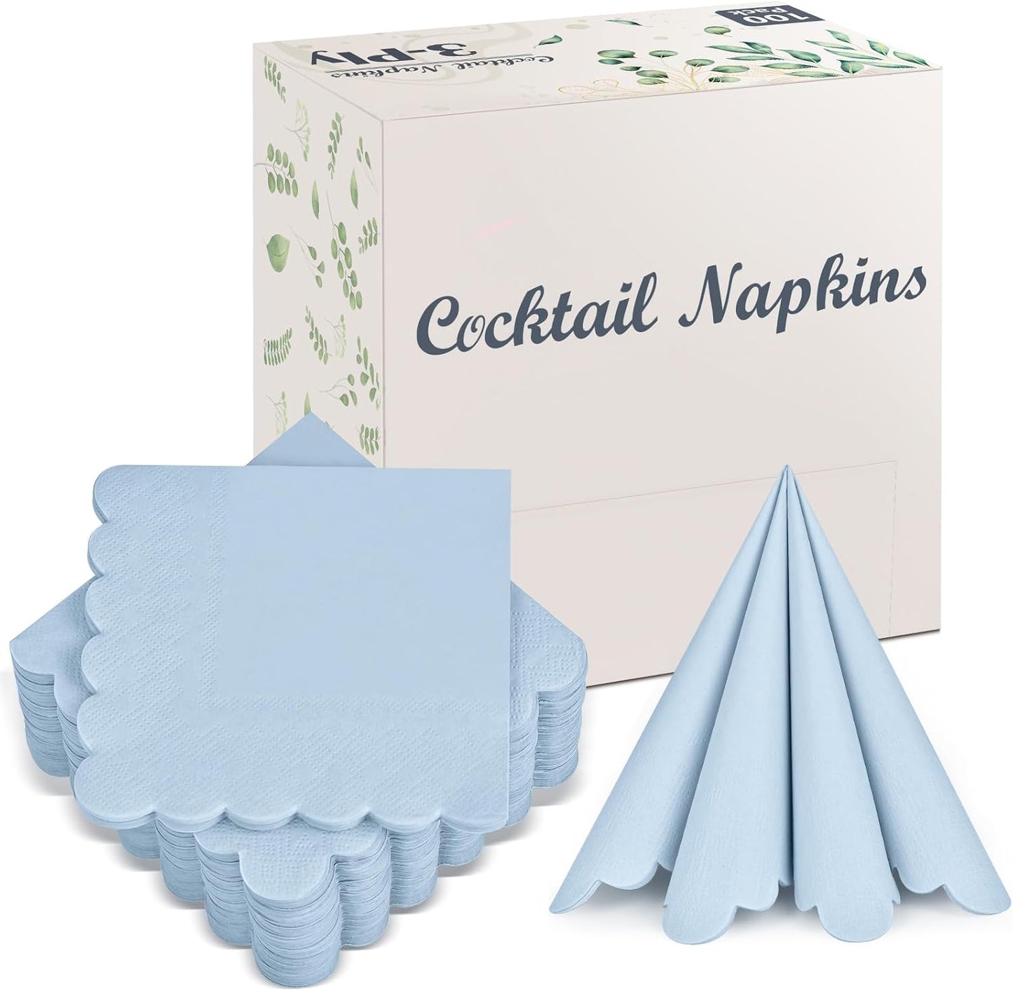 100 Pack Cocktail Napkins, 3-Ply Scalloped Edged Wedding Napkins Folded 5 x 5 Inches Dessert Napkins, Disposable Napkins for Dinner Birthday Party Bridal Anniversary Baby Shower Reception (Light Blue)