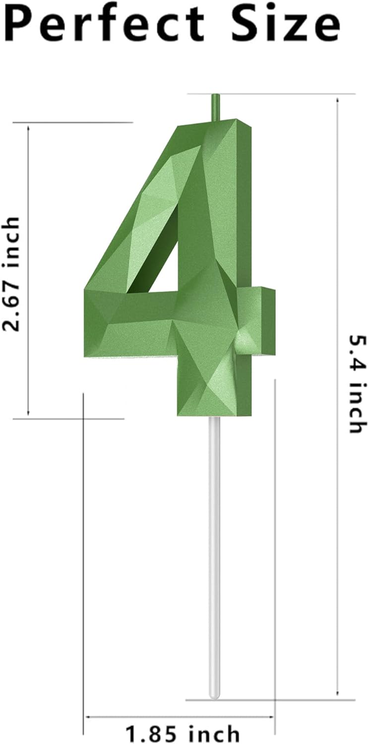 Number Birthday Candles(4 Candle Green) 3D Diamond Shape Number Happy Birthday Cake Candles for Birthday Party Wedding Decoration Reunions Theme Party