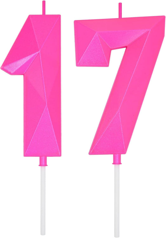 DERVENTA Large Birthday Candle Number 3D Pink 3.7 inch Party Celebration Anniversary Decoration Cake Topper 1 Piece (Number 17 Pink)