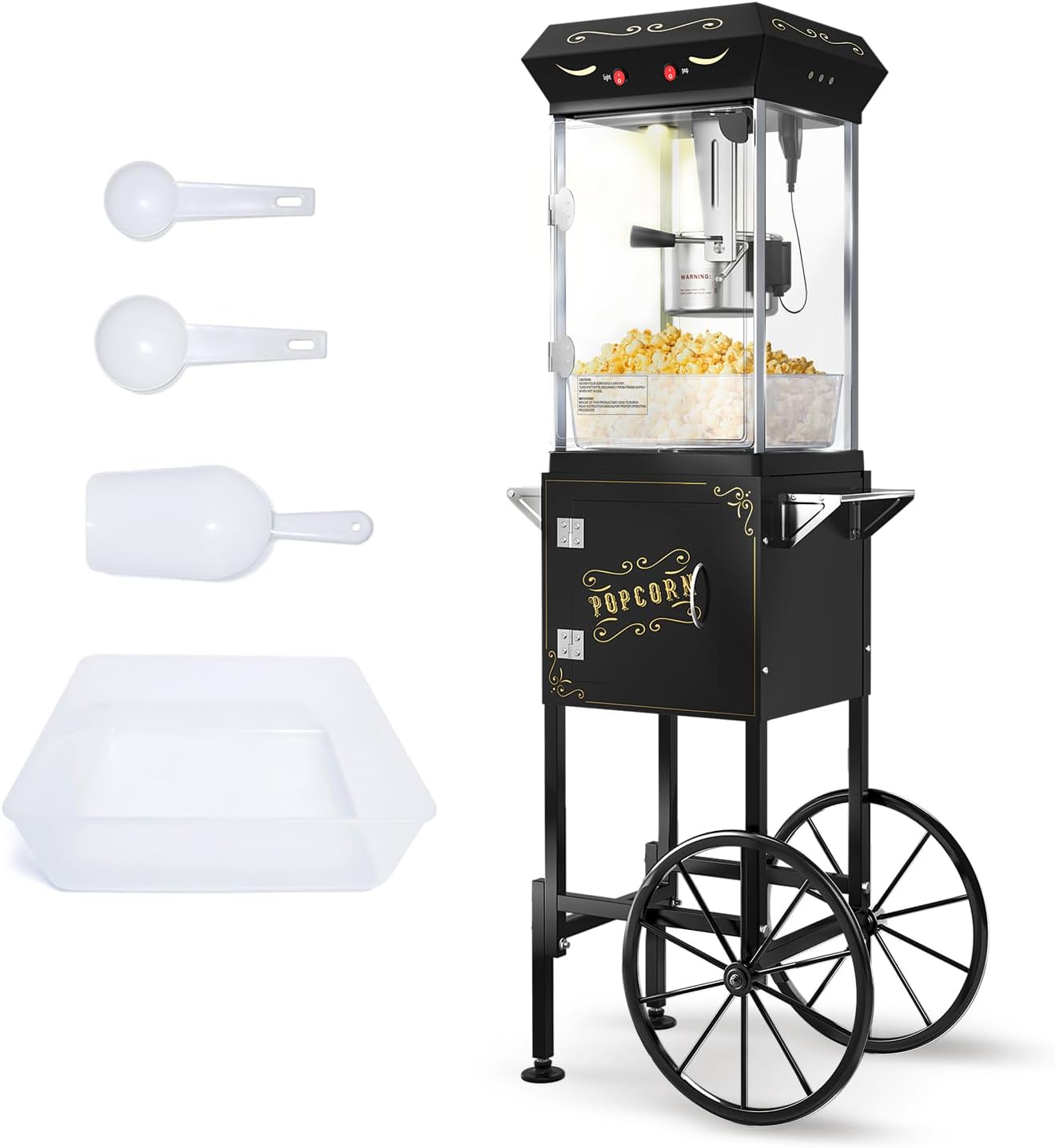 8 oz Popcorn Machine Cart, Popcorn Maker Machine with Stainless-Steel Kettle Makes Up to 32 Cups, Movie Theater Style Pop Corn Machine with Heated Warming Deck, 2025 Upgraded, Black