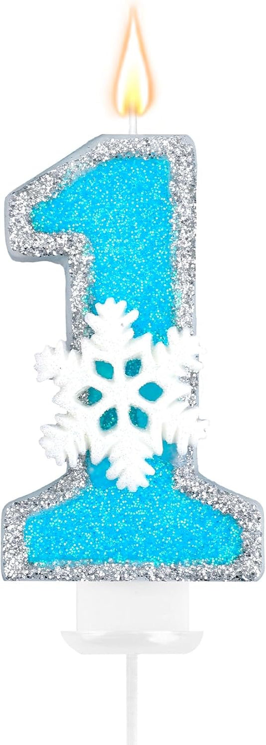 Frozen Themed Birthday Candles Party Decorations, Blue and Silver Number 1 Birthday Candle, Happy Birthday Candle for Cake, Snowflake Cake Topper Decoration for 1st 1 Year Old Party Favor Supplies