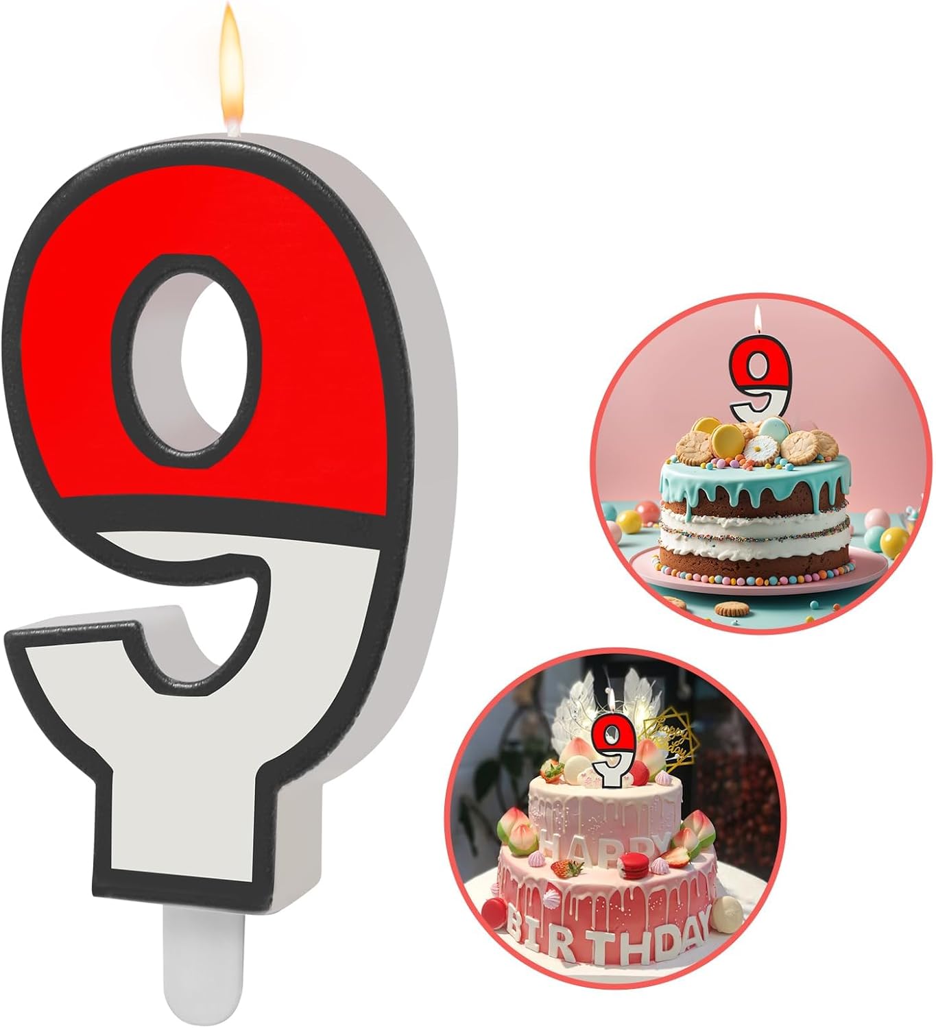 Number 9 Candle Cartoon Red and White Birthday Cake Candle Numeral Birthday for Cartoon Animated Birthday Decoration Party Supplies (Number 9)