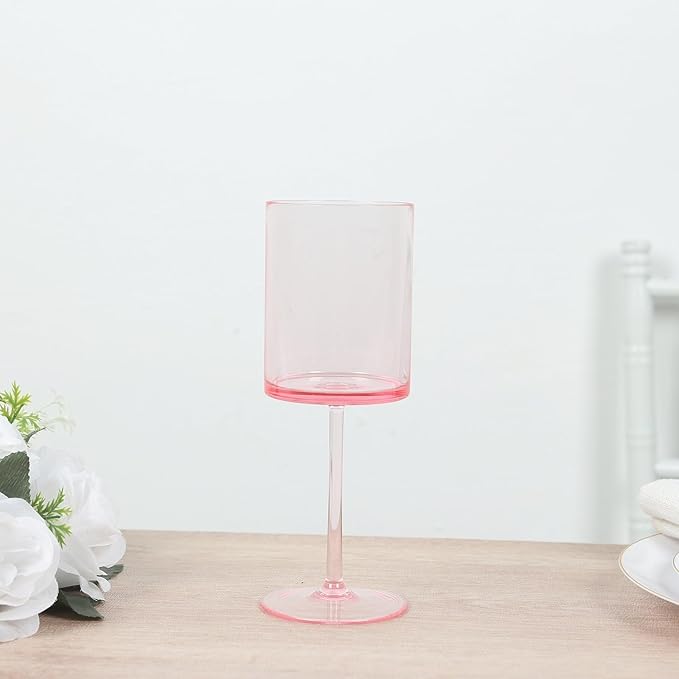 Efavormart 6-Pack Transparent Blush Plastic Cylindrical Wine Glasses 10oz, Long Stem - Shatterproof Reusable Cocktail Glasses