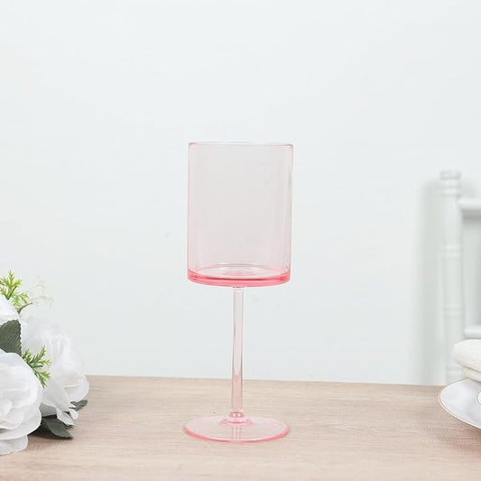 Efavormart 6-Pack Transparent Blush Plastic Cylindrical Wine Glasses 10oz, Long Stem - Shatterproof Reusable Cocktail Glasses