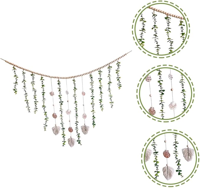 Wooden Bead and Shell Pendant Garland with Simulated Eucalyptus Leaves Lightweight Boho Hanging Decor for Door Window Aesthetic Leaf Vines Plant Decoration for Home and Party