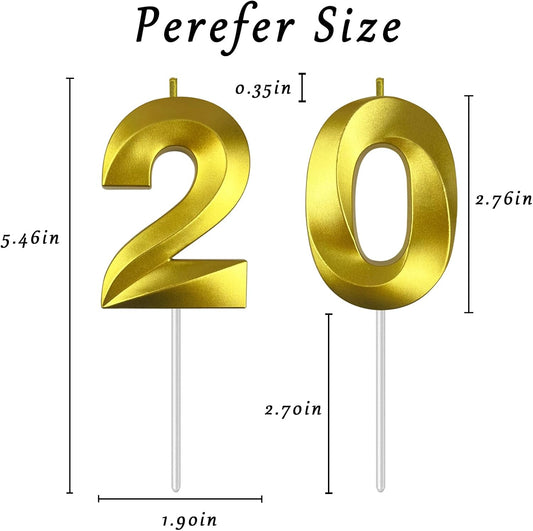 Gold Number 20 Candles, 3D Diamond 2.76 Inch Cake Topper Birthday Candles for Wedding Anniversary Cake Decorations, Happy Birthday Party Decorations