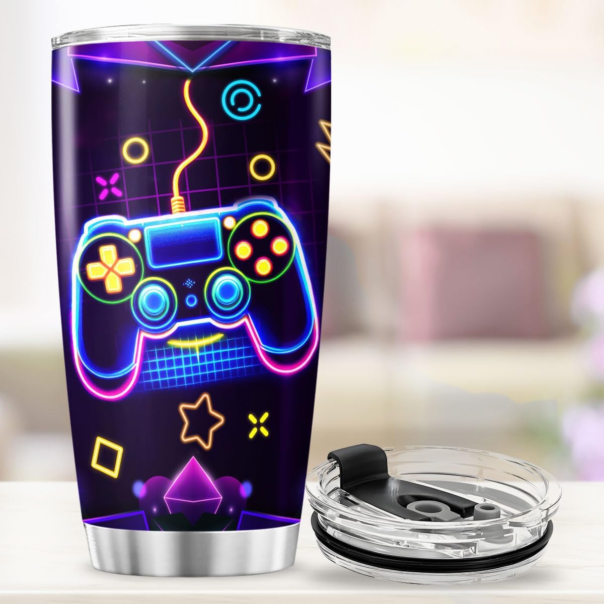 Gaming Controller Themed Cup for Gamers, Neon Design Stainless Steel Insulated Tumbler, 20oz Vacuum Travel Mug for Boys, Teens, Men, Game Lovers Gift for Birthday, Outdoor
