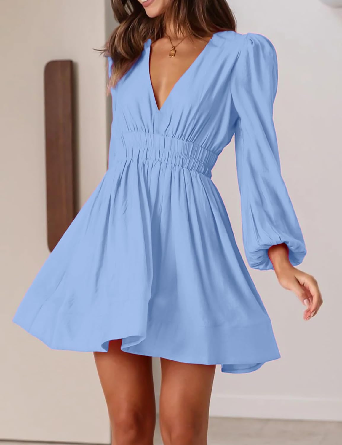 FAIABLE Mini Deep V Sexy Long Sleeve Dress for Women A-line High Waisted Casual Flowy Dress for Cocktail Wedding Guest