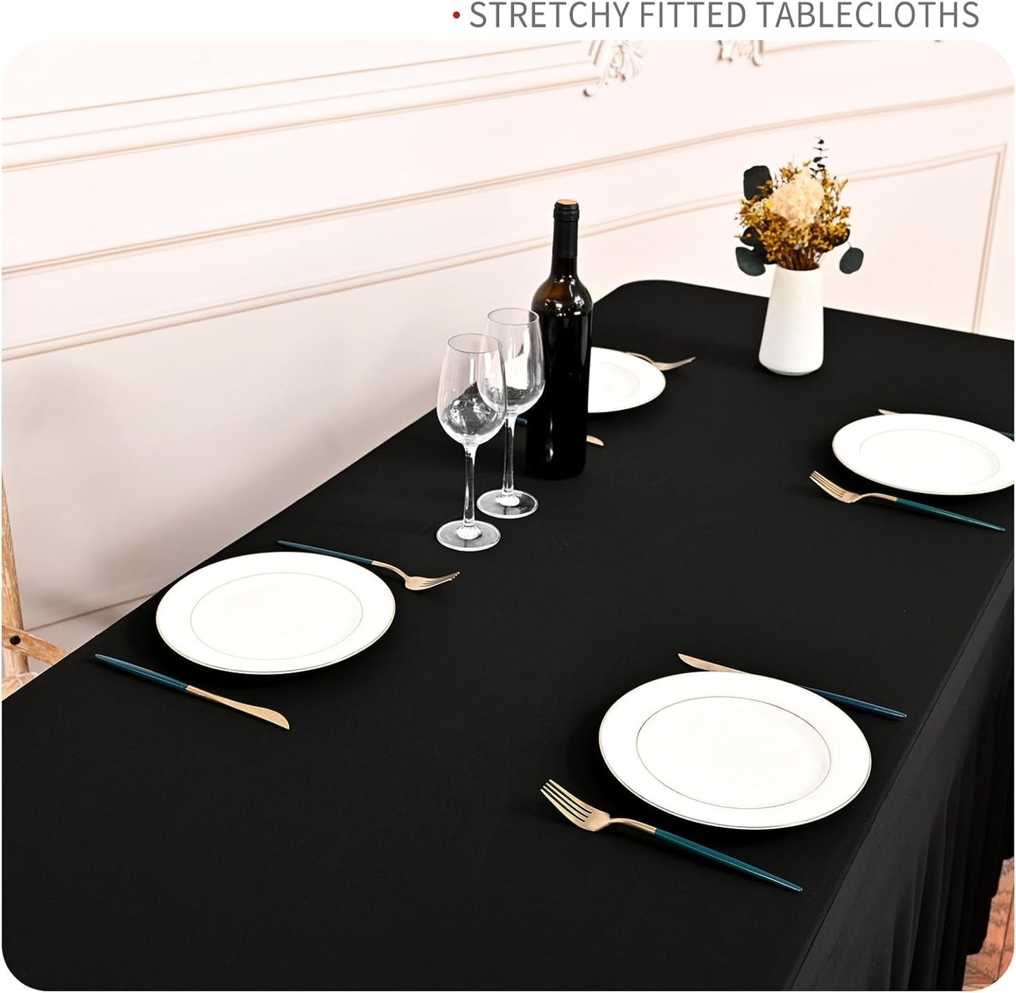 6 Packs Black Stretch Table Skirts for 8 Foot Rectangle Table, Washable Spandex Stretch Tablecloths with Skirt, Wrinkle Resistant Fitted Tablecover for Wedding Party Banquet