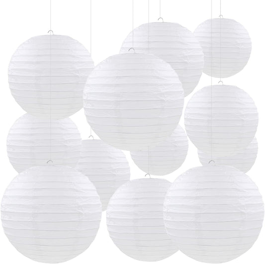 12 Pcs White Paper Lanterns Round Hanging Paper Lanterns for Wedding Birthday Party Baby Shower Engagement Anniversary Decorations