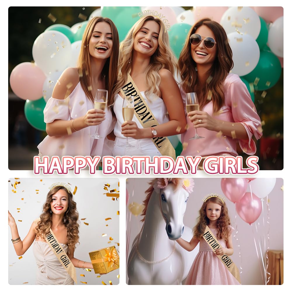 Birthday Sash Birthday Crown for Women, Birthday Girl Sash, Birthday Girl Crown, Glitter Gold Birthday Sash and Crown Rhinestone Headband Set, Happy Birthday Girl Princess Tiara Sash Accessories