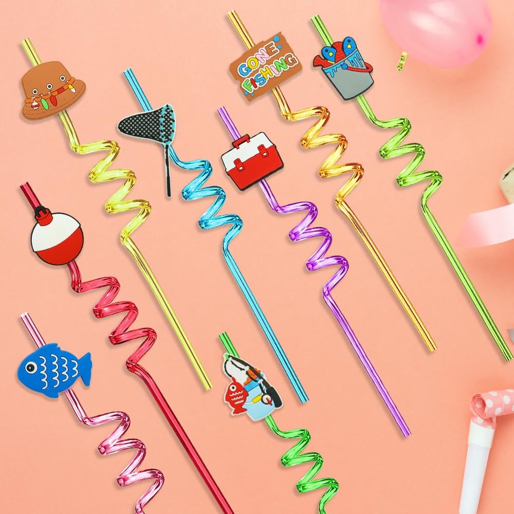 24PCS Fishing Party Favors,Summer Fishing Themed Birthday Party Supplies，Kids Daily Drinking Straws,Birthday Parties,Class Reunions,With 2 Cleaning Brushes.(8color)