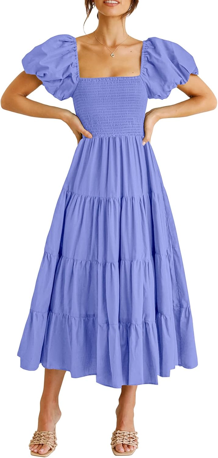 PRETTYGARDEN Women's Casual Summer Midi Dress Puffy Short Sleeve Square Neck Smocked Tiered Ruffle Dresses