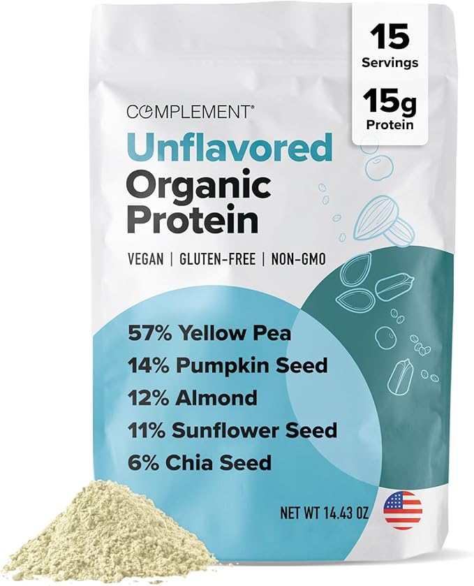 Complement Organic Unflavored Vegan Protein Powder (15 Servings) Low Carb, Low Calorie, Sugar Free, Soy Free, Non-GMO, Gluten Free, Non Dairy- Yellow Pea, Pumpkin Seed- 15g Plant Based Protein Powder