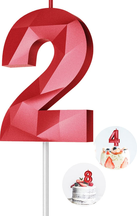 Number Birthday Candles(2 Candle Red) 3D Diamond Shape Number Happy Birthday Cake Candles for Birthday Party Wedding Decoration Reunions Theme Party