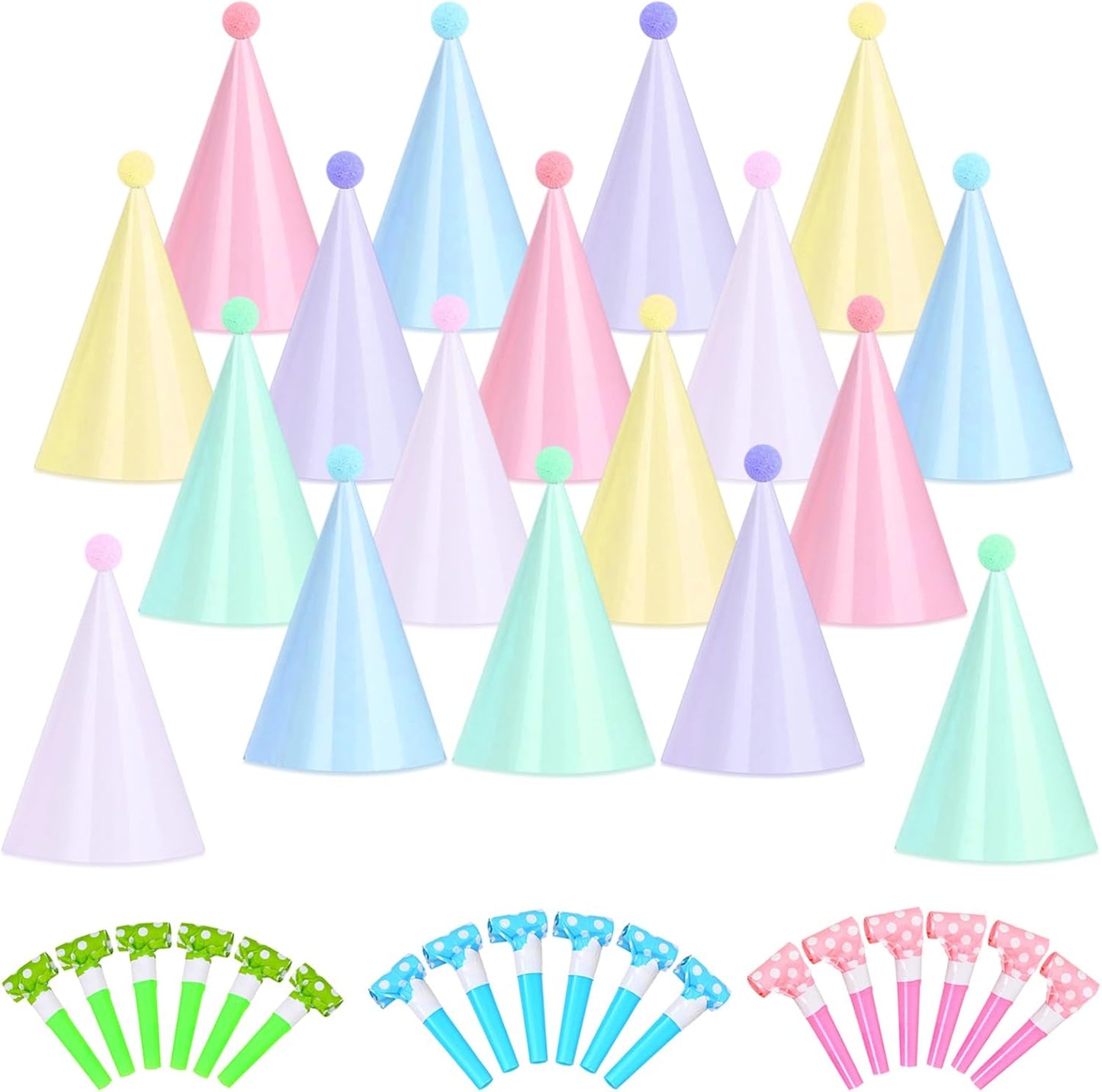 36 pcs Rainbow Party Hats-18 Pastel Rainbow Birthday Party Cone Hats and 18 Colorful Noise Makers for Birthday, Bridal Shower Wedding Party Supplies