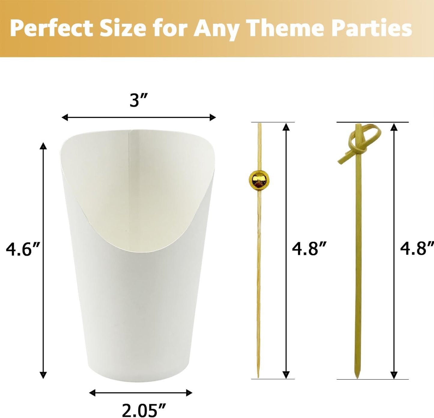 CAMKYDE 50 Charcuterie Cups + 200 Cocktail Picks + 56 Labels, 12 oz Disposable Charcuterie Cups with Sticks (2 Types), French Fry Cup White Paper Appetizer Cup for all Occasions（White）