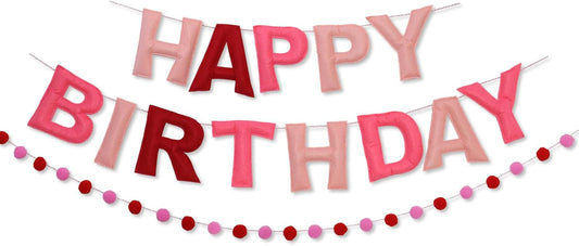 Red Happy Birthday Banner Felt Ball Garland Pre-Strung Happy Birthday Sign for Party Backdrop Decorations Photo Prop