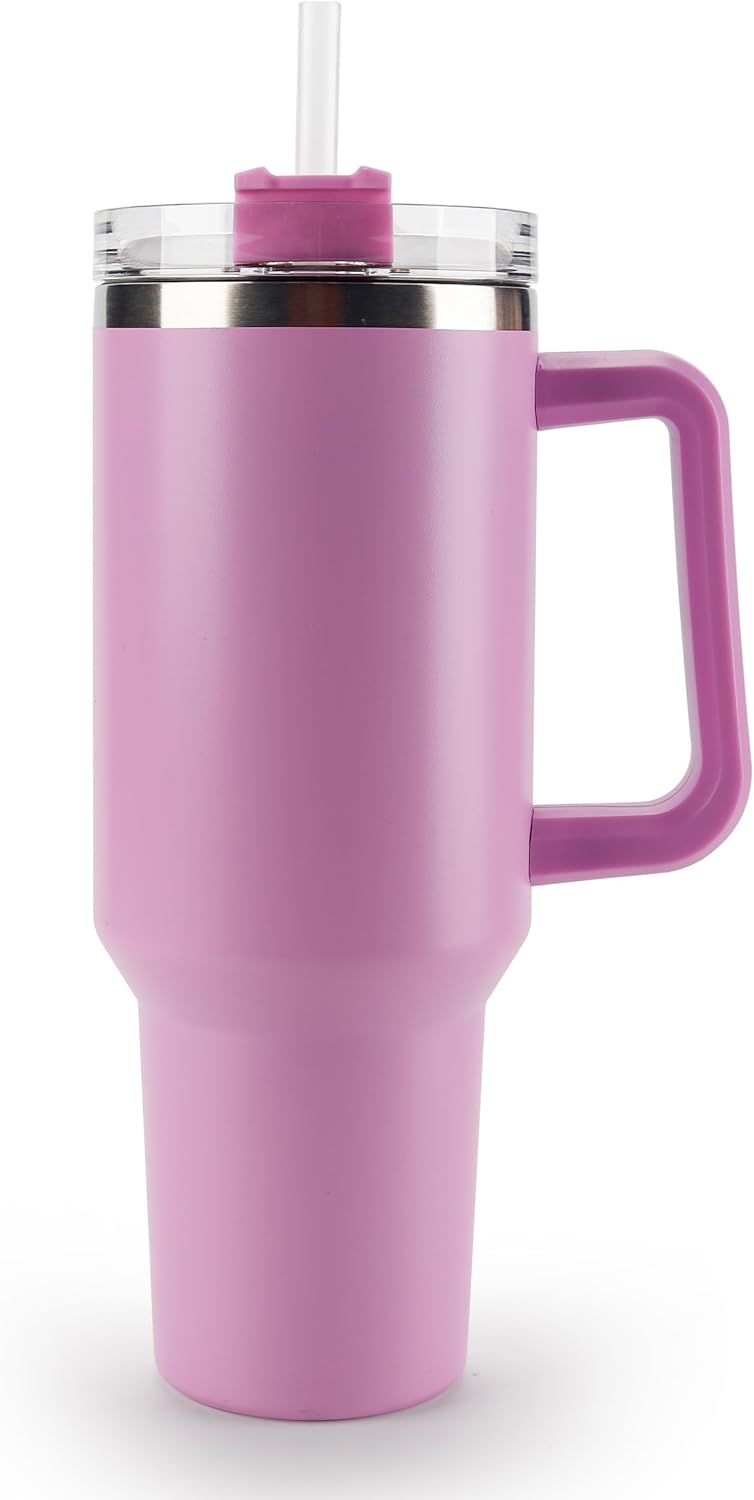 40 oz Tumbler with Handle and Straw Spill Proof Large Travel Coffee Mug Insulated Reusable Stainless Steel Cup with Lid Fit for Car Cup Holder(Lilac)