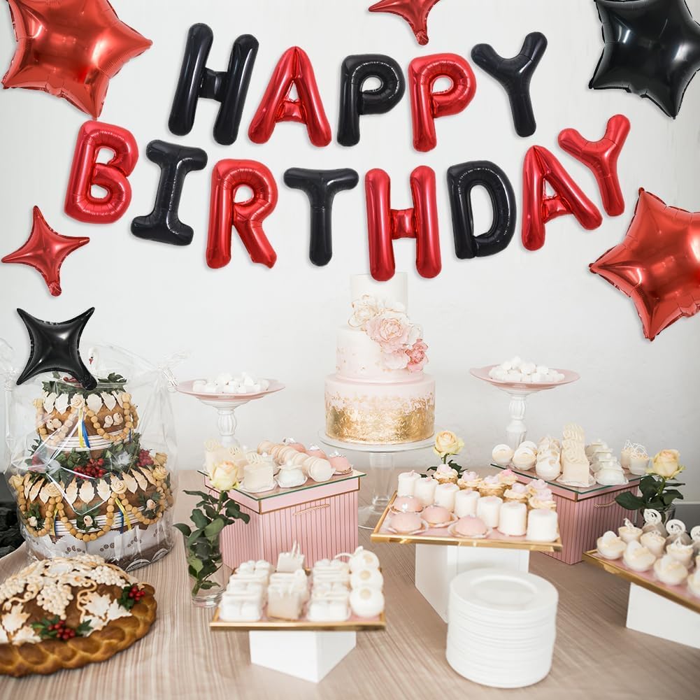 TONIFUL 35PCS 16 Inch Black Red Happy Birthday Balloon Black Red Happy Birthday Balloons Decorations with Star Balloons for Girls Boys Kids Men Women Adults Birthday Party Decorations Supplies