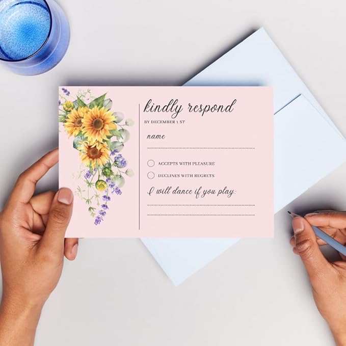 Preprinted Purple and Yellow Sunflower Wedding or Party RSVP Cards, Personalized Response Card Glossy Finish With White Envelopes, Set of 15 with Envelope, 5x3.5 inch Cards (Pink)