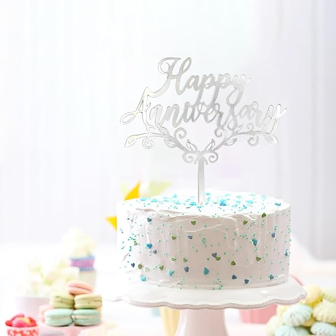 Silver Acrylic Happy Anniversary Cake Topper - Personalized Wedding, Engagement, Anniversary & Bridal Shower Cake Decoration