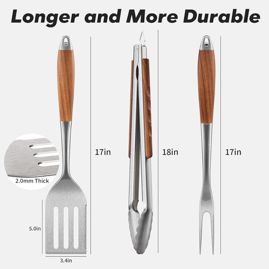 ENLOY Heavy-Duty Barbecue Grilling Tools Set, Outdoor Grill Accessories with Spatula, Fork & Tongs, Extended Rosewood Handle & Food-Grade Stainless Steel for Barbecue & Grill, 3Pcs BBQ Tools for Men