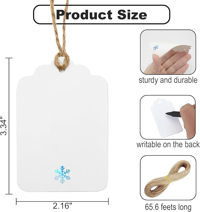 ASYEHJNR 100Pcs Blank Gift Tags with String Iridescent Foil Snowflake Large Gift Tags White Paper with 65 Ft Jute Twine Cute Tags for Christmas Xmas Holiday Winter Wonderland Gift Wrap Tags