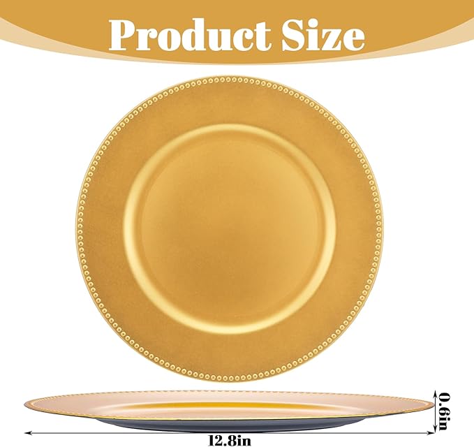 12 Pack Gold Plastic Charger Plates, 13 Inch Round Beaded Decorative Dinner Chargers for Wedding, Party, Table Setting and Event Decor
