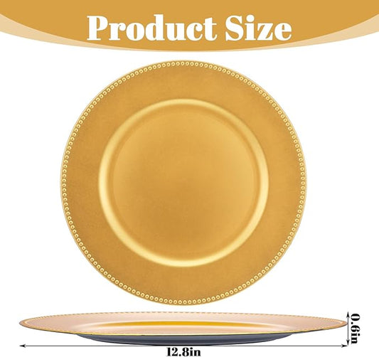 12 Pack Gold Plastic Charger Plates, 13 Inch Round Beaded Decorative Dinner Chargers for Wedding, Party, Table Setting and Event Decor