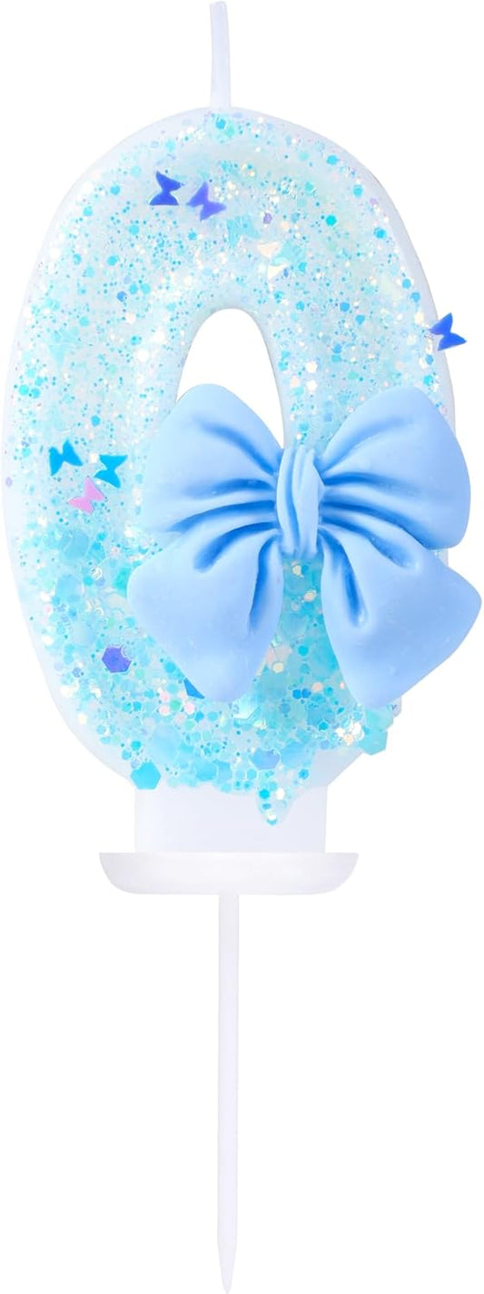 Blue Bowtie 0 Birthday Candles Blue 3D Number 0 Candle Cake Topper for Girls Pastel Sweet Theme Birthday Party or Adults Milestone Age Decoration