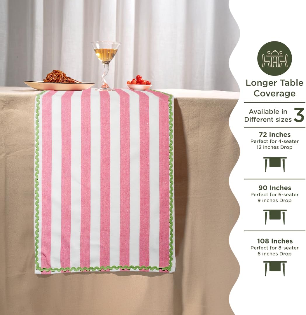 Folkulture Table Runner 90 Inches Long | Rick Rack Embroidered Runner for Home Decor | 100% Cotton Long Table-Runner for Christmas Decor | Pink & Green | Wash Friendly